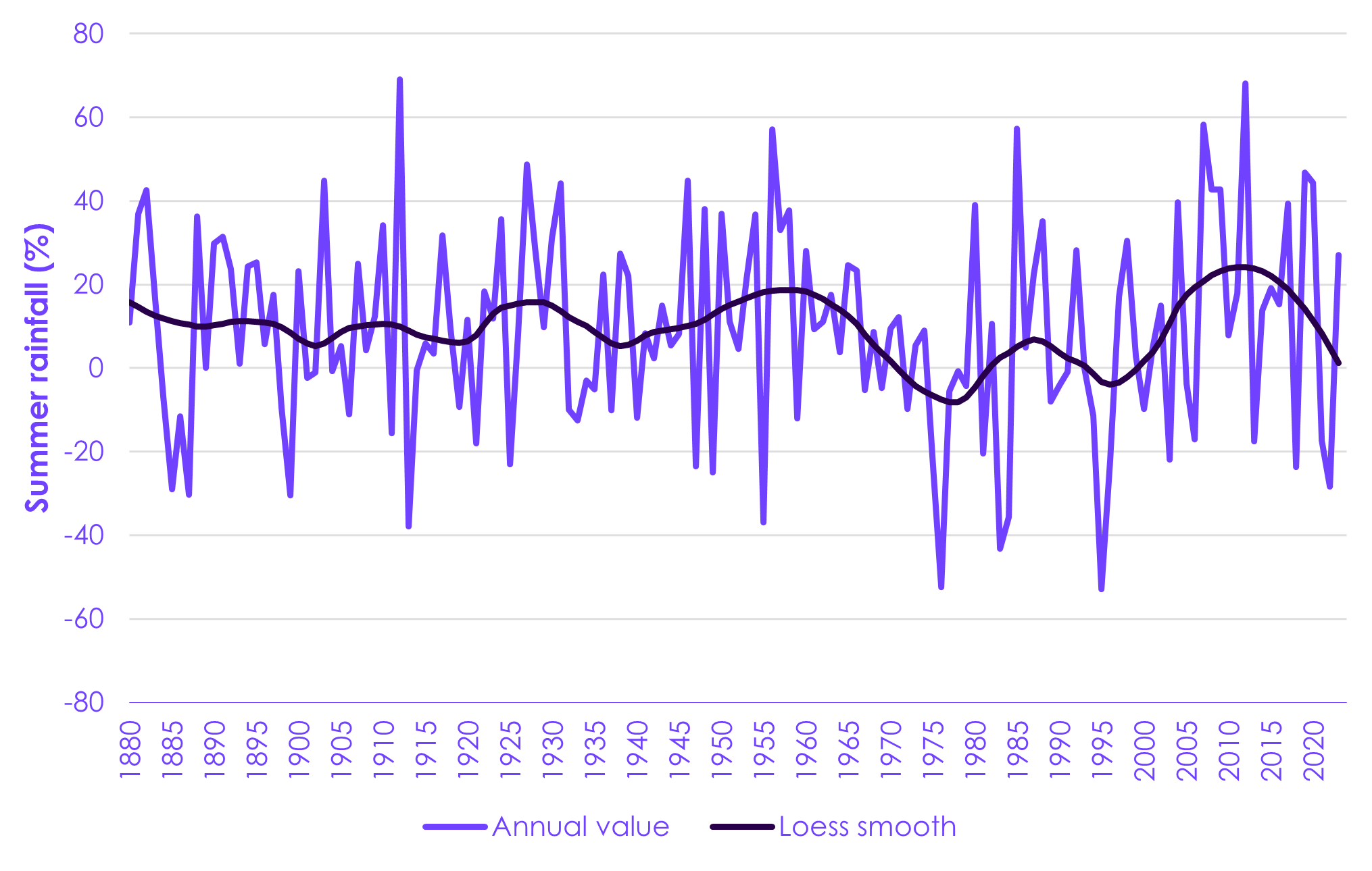 Year-to-year variability dominates any trends in summer average rainfall.